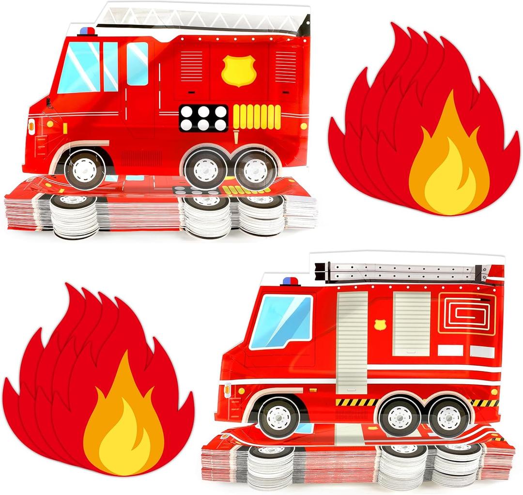 100Pcs Firetruck Birthday Party Plates and Fire Shaped Napkins Fireman Party Supplies Firefighter Disposable Paper Dinnerware Firetruck Tableware Set for Flame Birthday Baby Shower Decor