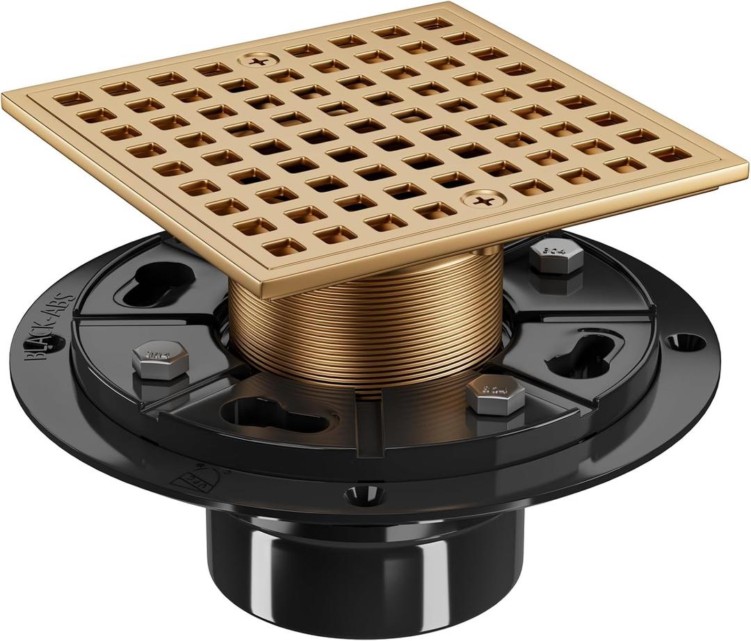 4-1/4" Square Shower Drain Kit - Champagne Bronze 304 Stainless Steel Low Profile Floor Drain with ABS Flange & Hair Catcher (Fits 2"/3" Pipes, Gold Finish)