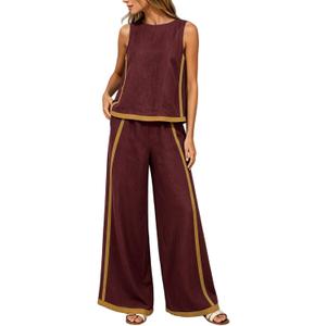 2 Piece Sets for Women Color Block Linen Lounge Sets Sleeveless Top Wide Leg Pants Matching Casual Travel Outfit (XL)