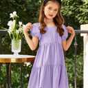 Arshiner Girls Dresses Short Sleeve Ruffle Chiffon Summer Flowy Dress with Square Neck (Purple)