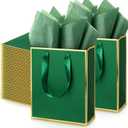 Yeaqee 50 Pack Metallic Gift Bags with Handle and Tissue Paper Gold Foil Thank You Bag for Graduation Wedding Groomsmen Bridal Baby Shower Gifts Holiday Party Favors 9x7x3.15'' (Green Gold)