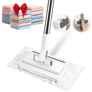 HOLAMOPA Snap Grip Mini Mop with 20 Reusable Cloths, 50 Inch Adjustable Hands Free Flat Mop, Cloth Clip Lazy Mops with Wall Hook for Wet Dry Cleaning Floors Walls Kitchen Bathroom Corners