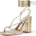 GENSHUO Square Toe Sandals Women Lace up Chunky High Heels Strappy Sandals Block Heeled Ankle Wrap Homecoming Wedding Dress Shoes Gold Size 10