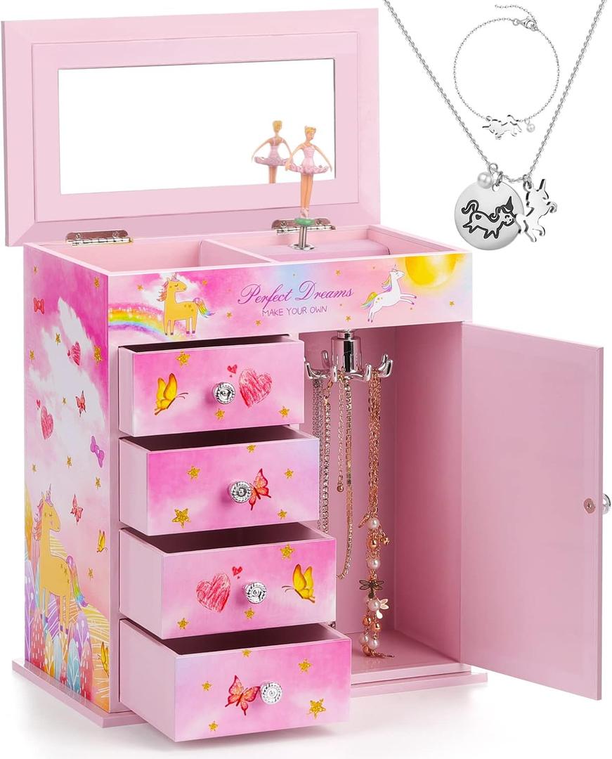 Musical Jewelry Box for Girls 5-Layer with Swing Door Spinning Ballerina Unicorn Theme Included Unicorn Jewelry Set Kids Birthday Gift for Girls Music Box Gifts Colorful