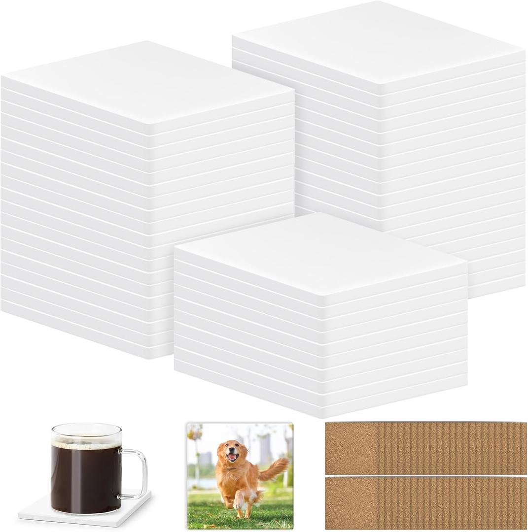 48 PCS Sublimation Coasters Blanks Ceramic Tiles Bulk 4x4 White Unglazed Glazed Ceramic Tiles for Crafts with 48 Cork Sticker Back, Square Coasters Sublimation for Heat Transfer DIY Painting