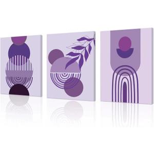 Framed Canvas Boho Wall Art Set of 3 Mid Century Modern 12"X16"Minimalist Wall Art Purple Neutral Abstract Geometric Prints Room Posters for Hang Bedroom Living Room