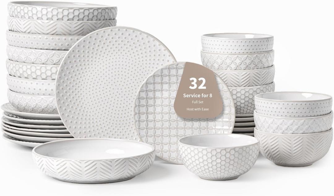 32-Piece Luxury Dinnerware Set, Complete Plates and Bowls Set for 8, Upscale Ceramic Dish Set for Hosting, Holidays & Family Gatherings, Microwave & Dishwasher Safe (Mixed Embossment)