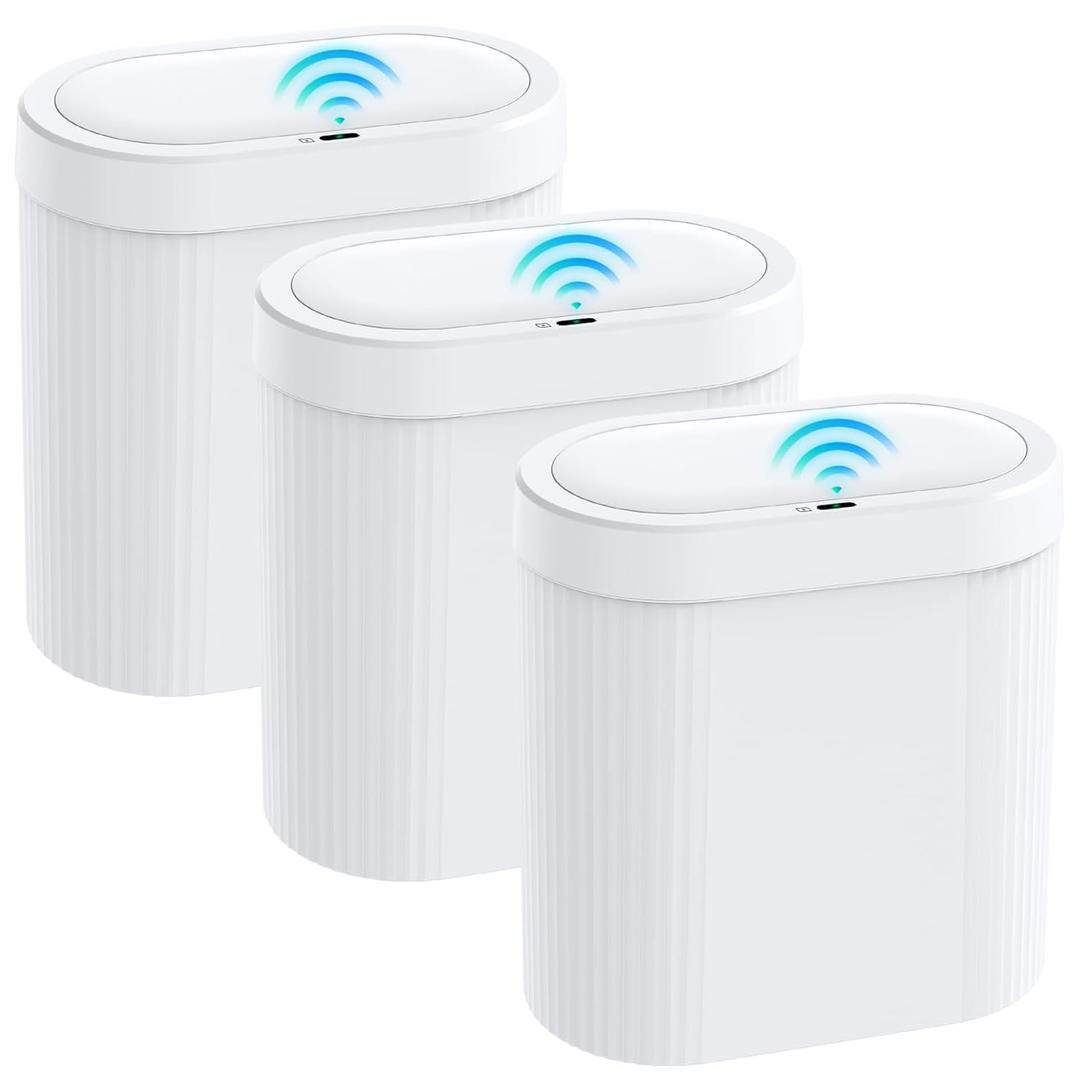 3 Pack 5 Gallon Bathroom Trash Can with Lid, Automatic Motion Sensor White Trash Can, Touchless Slim Waterproof Garbage Bin for Kitchen, Bedroom, Office, and Bathroom