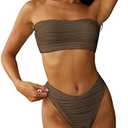 ZAFUL Women Strapless Textured Bandeau Bikini 2 Piece Swimwear Cheeky Solid Lace up Bathing Suits. L size