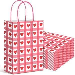 Harloon 24 Pcs Valentine's Day Gift Bags Heart Gingham Gift Bags Plaid Present Party Favor Bag Red Checkered Kraft Paper Goodie Bag with Handle for Birthday Wedding Mother's Day