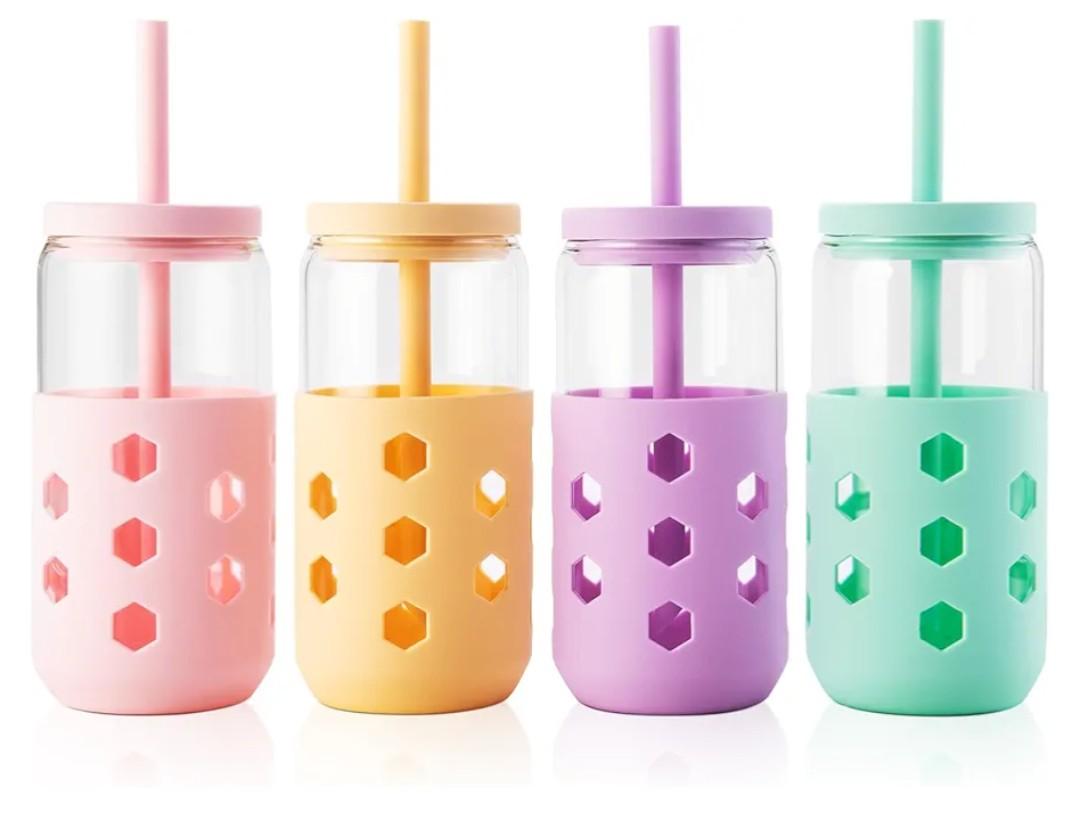 Mrsdry Glass Cups with Lids and Straws (4 Pcs), 16oz Drinking Glasses Set with Silicone Sleeves for Coffee Bar Accessories Iced Coffee Cups with Lids, Glass Tumbler Reusable for Gifts