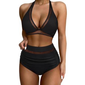 SUUKSESS Women Sexy High Waist Bikini Sets Mesh Tummy Control 2 Piece Swimsuits L
