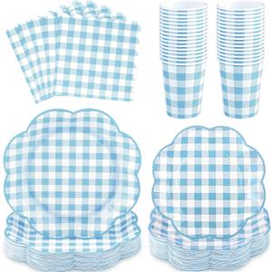 NatNarr 250 Pcs Blue Gingham Party Supplies, Scalloped Blue and White Checkered Tableware Set Includes Disposable Plates Napkins and Cups for Wedding Birthday Picnic Baby Bridal Shower