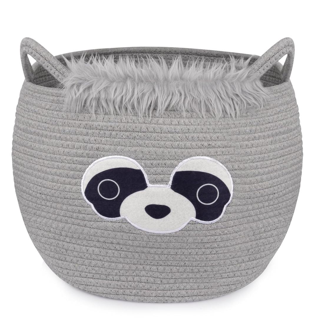 Raccoon Large Blanket Woven Basket for Nursery,Rope Cotton Storage Gift Basket,Baby Oval Bear Laundry 0rganizer with Ears Handles, Cute Animal Baskets Clothes Decor Storage Bins,13" D12" H (Grey02)