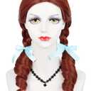 Long Braided Reddish Brown Wig + Blue Ribbons + Wig Cap 19.6'' Dark Brown Twin Braids Wigs for Women Halloween Party Costumes