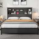 Garvee Full Platform Bed Frame with Bookcase Headboard, Charging Station (USB & Type‑c), Tall Wooden Headboard, 9.6" Underbed Storage, No Box Spring Needed, Black