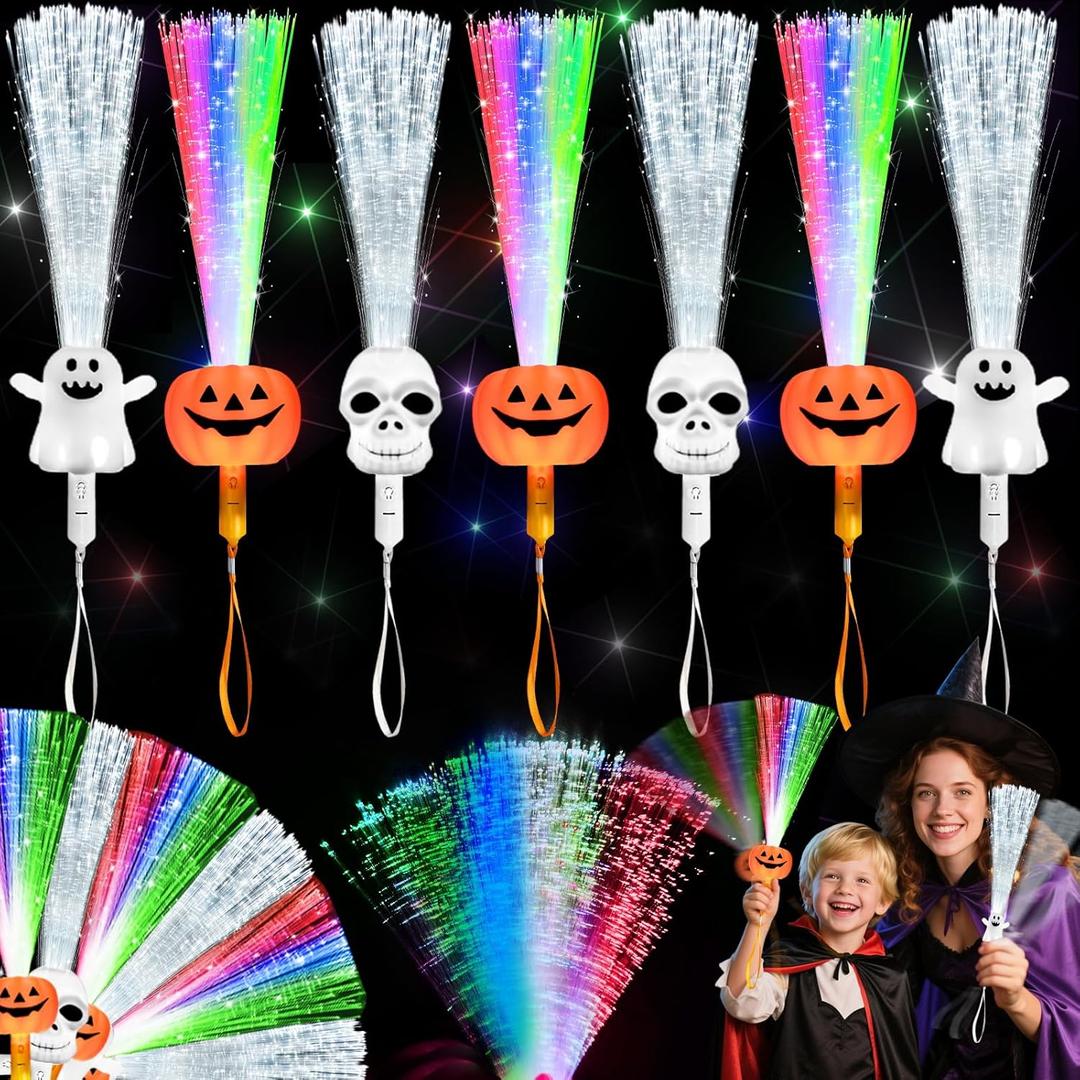 6 Pack Halloween Glow Sticks Fiber Optic Wands Light Up Toys, Glow in the Dark 3 Design Pumpkin, Skull & Ghost Wand with Flashing Modes, Halloween Party Favor for Kids, Trick or Treat,Goodie Bag Gifts