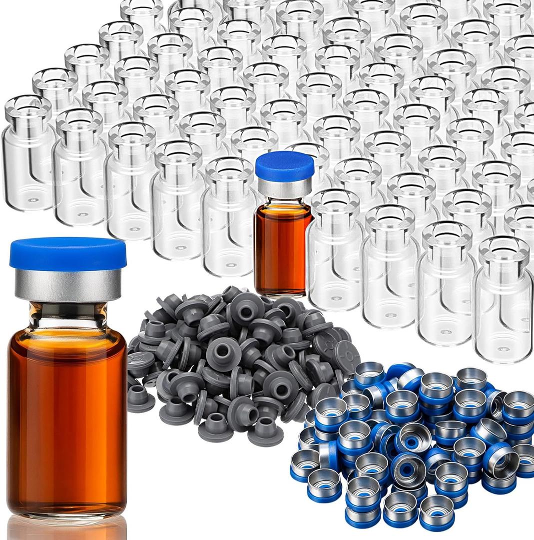 200 Pack 2ml Glass Vials Clear Glass Empty Vials for Injection with Plastic-aluminum Flip Caps and Rubber Injection Stoppers Flat Bottom Lab Vial (Blue Lid)