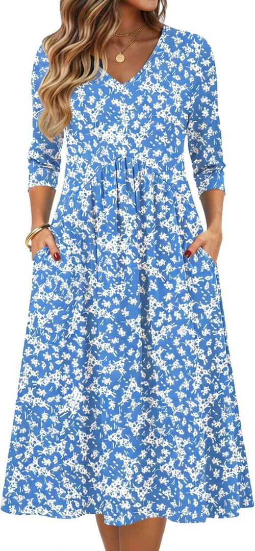 Zeagoo Summer Dresses for Women 2026 3/4 Sleeve Women's Dress Casual Midi Tshirt Dresses with Pockets Semi-Formal Sundress, Medium