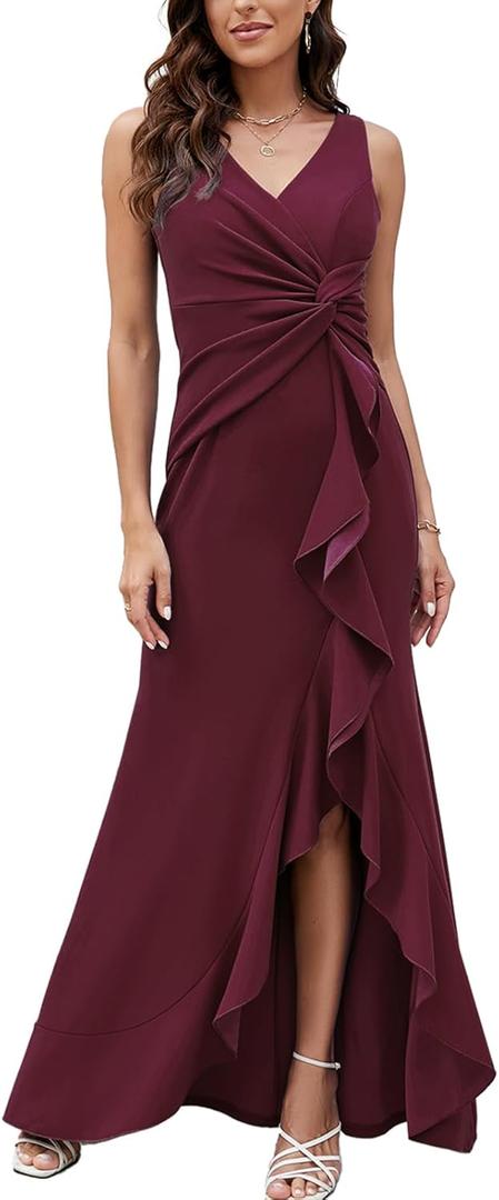 FQA Formal Evening Dresses for Women Elegant Evening Party Prom Dress Long Sexy V Neck Sleeveless Split Wrap (Burgundy-1) XL