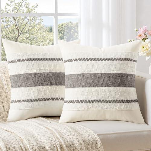 Woaboy Set of 2 Decorative Pillow Covers Boho Farmhouse Couch Throw Pillows Modern Cotton Cushion Covers Macrame Woven Spring Home Decor for Bed Sofa Chair 18x18 Inch Gray