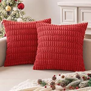 MIULEE Pack of 2 Christmas Red Corduroy Decorative Throw Pillow Covers 12x12 Inch Soft Boho Striped Pillow Covers Modern Farmhouse Home Decor for Sofa Living Room Couch Bed