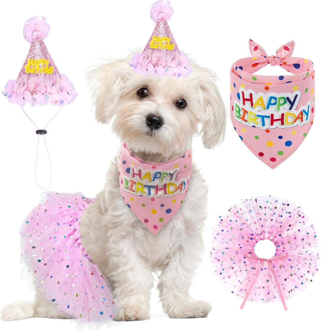 SCENEREAL Dog Birthday Bandana with Hat and Dress Girl Set, Puppy Birthday Party Supplies, Cute Pink Tutu Skirt Outfit for Small Medium Large Dogs