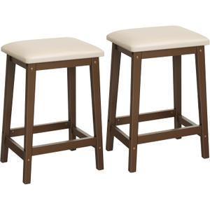 HOOBRO Bar Stools, Set of 2 Bar Chairs, Counter Height Bar Stools, PU Upholstered Kitchen Stools, 24 Inch Bamboo Saddle Stools with Footrests, for Kitchen, Dining Room, Bar, Beige and Brown CE04MD01