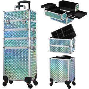 Stagiant Rolling Makeup Case Cosmetology Case on Wheels 4 in 1 Makeup Travel Case Large Cosmetic Organizer Storage with Key Swivel Wheels Nail Artist Salon Traveling Cart Trunk Watery Blue