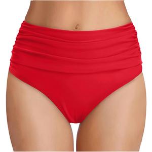 Tempt Me Women's High Waisted Bikini Bottom Tummy Control Ruched Bathing Suit Swim Bottom (Red, M)