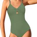KANGKANG Girls Swimsuit, Solid Color Girl One Piece Swimsuits with Tropical Print Drawstring Cover Up Bathing Suits Set  (13-14 Years, Green Palm)
