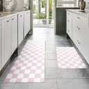 Pink Checkered Grid Checkerboard Kitchen Rug Sets [2 PCs], Anti-Fatigue, Waterproof Non-Slip Kitchen Mats Heavy Duty Ergonomic Comfort Foam Rug for Floor, Home, Laundry,Easter 17"x29"+17"x47"