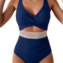B2prity One Piece Swimsuit for Women Tummy Control V Neck Bathing Suit Color Block High Waisted Cutout Swimwear (Medium)