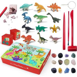 Kids Christmas Advent Calendar, Boys Dinosaur Gemstone 2025 Teen Girls Kids Dino Dig Kit for 24 Day Countdown Xmas Gifts for Teens Girls Boys, Pack of 2