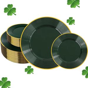 Liacere 100PCS Green Plastic Plates - Heavy Duty Disposable Plates - Green and Gold Plate 100PCS Dinner/Dessert Plate for Party & Christmas & New Years St. & Patrick's Day
