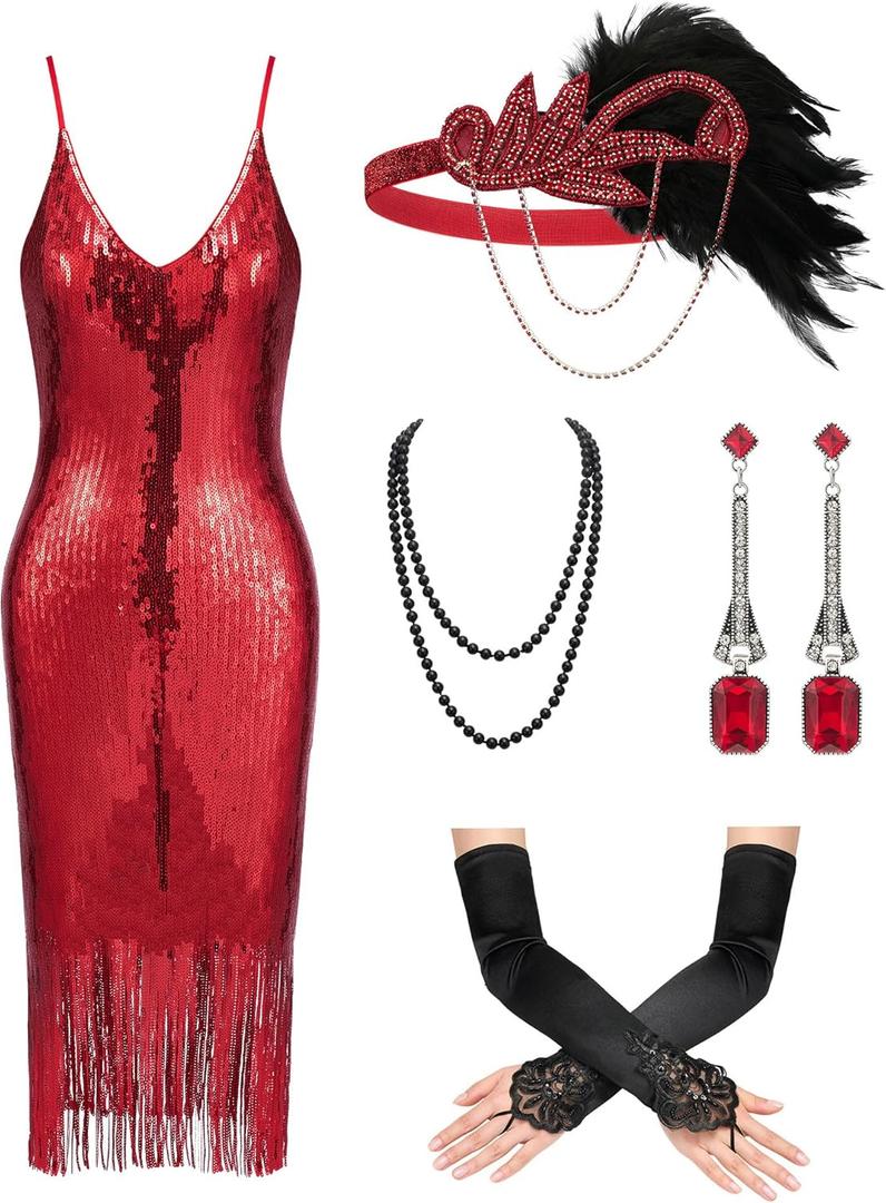 YESSA Flapper Dresses 1920s Gatsby Dresses for Women Roaring 20s Costumes Great Gatsby Outfits with 20s Accessories Set (Small, Red)