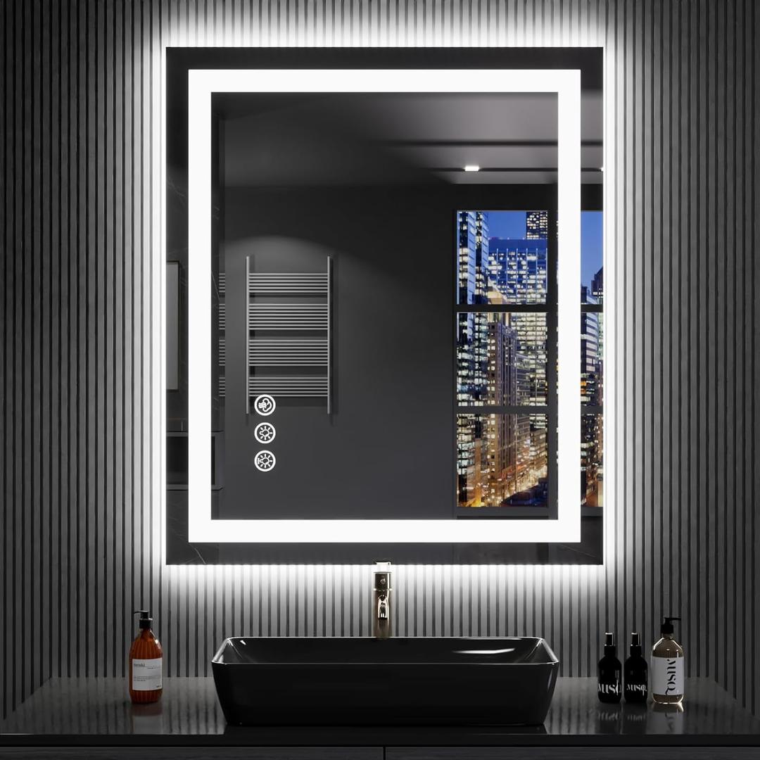 LOAAO 24"X32" LED Bathroom Mirror with Lights, Anti-Fog, Dimmable, RGB Backlit + Front Lighted, Bathroom Vanity Mirror for Wall, Memory Function, Shatter-Proof, Tempered Glass