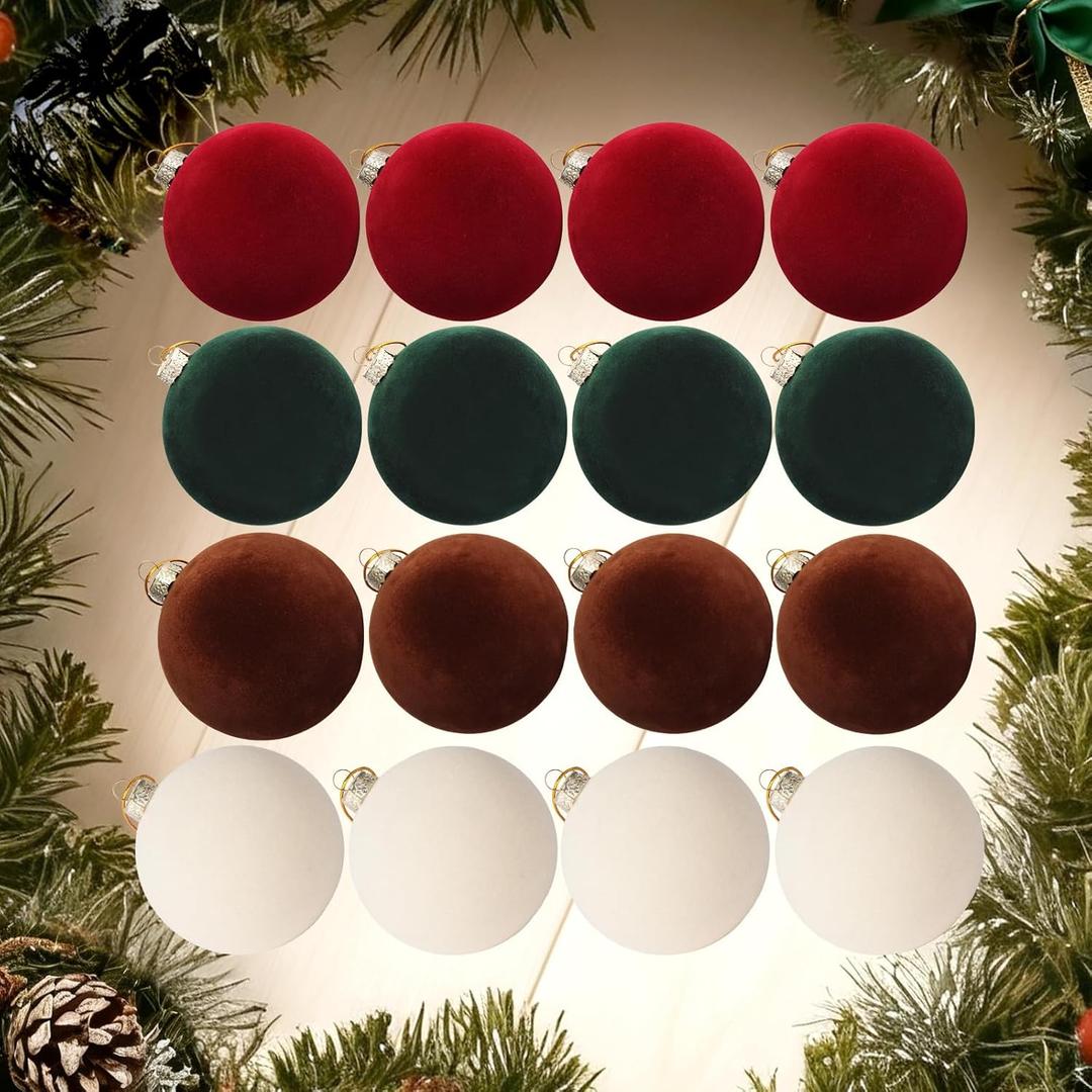 LamTrancail 16 Pcs Velvet Ornaments for Christmas Tree - 3.15in Flocked Christmas Balls Ornaments - Hanging Decorations for Wreath, Mantel, Stair Railings, Windows (Deep Red, Deep Green, Brown, Beige)