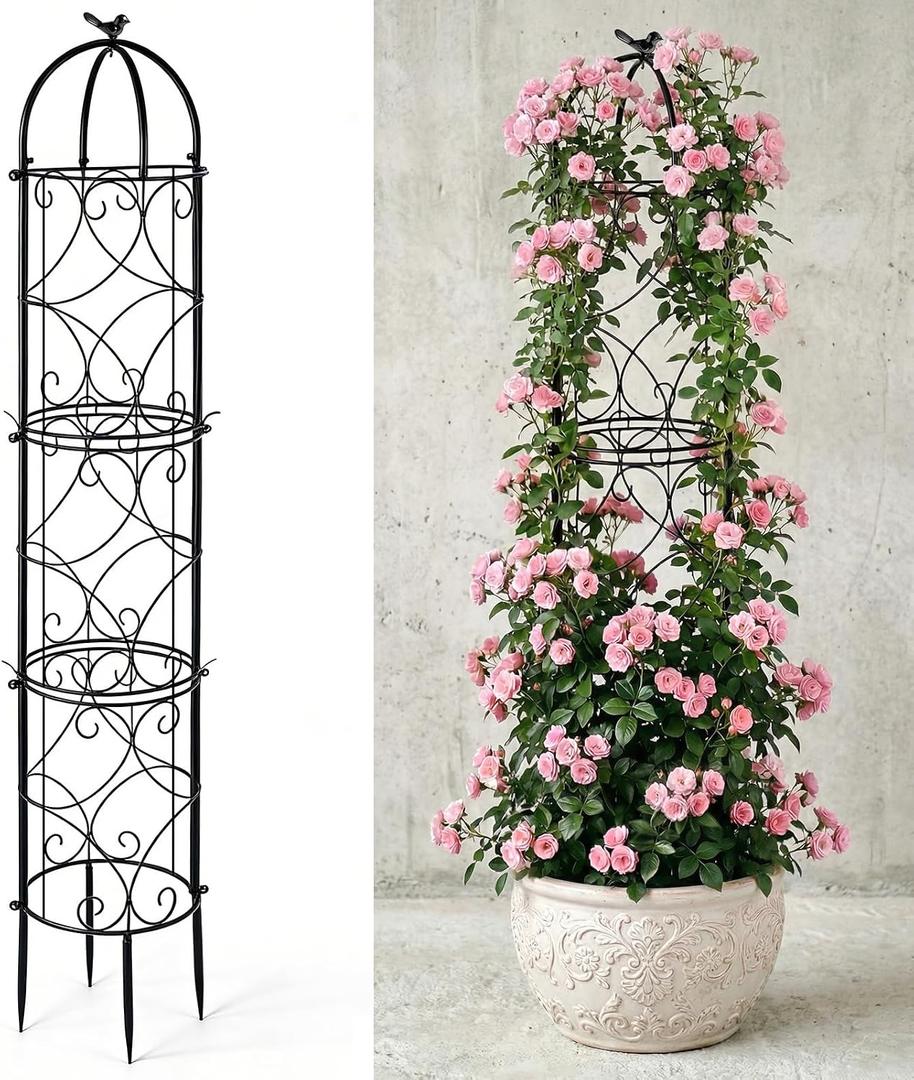 73" Garden Obelisk Trellis for Climbing Plants Outdoor with Bird Finial, 6.2 FT Plant Support for Tomato, Rose, Grape, Pea, Cucumber, Vines, Rustproof Coated Metal Flower Tower for Potted Plants