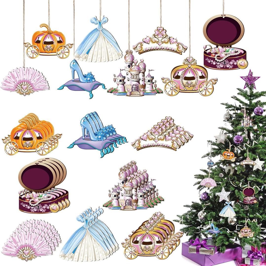 32 Pcs Princess Christmas Ornaments Princess Party Wood Hanging Decorations Pumpkin Carriage Castle Dress Wooden Cutouts Decor for Christmas Boy Girl Baby Shower(Elegant Style)