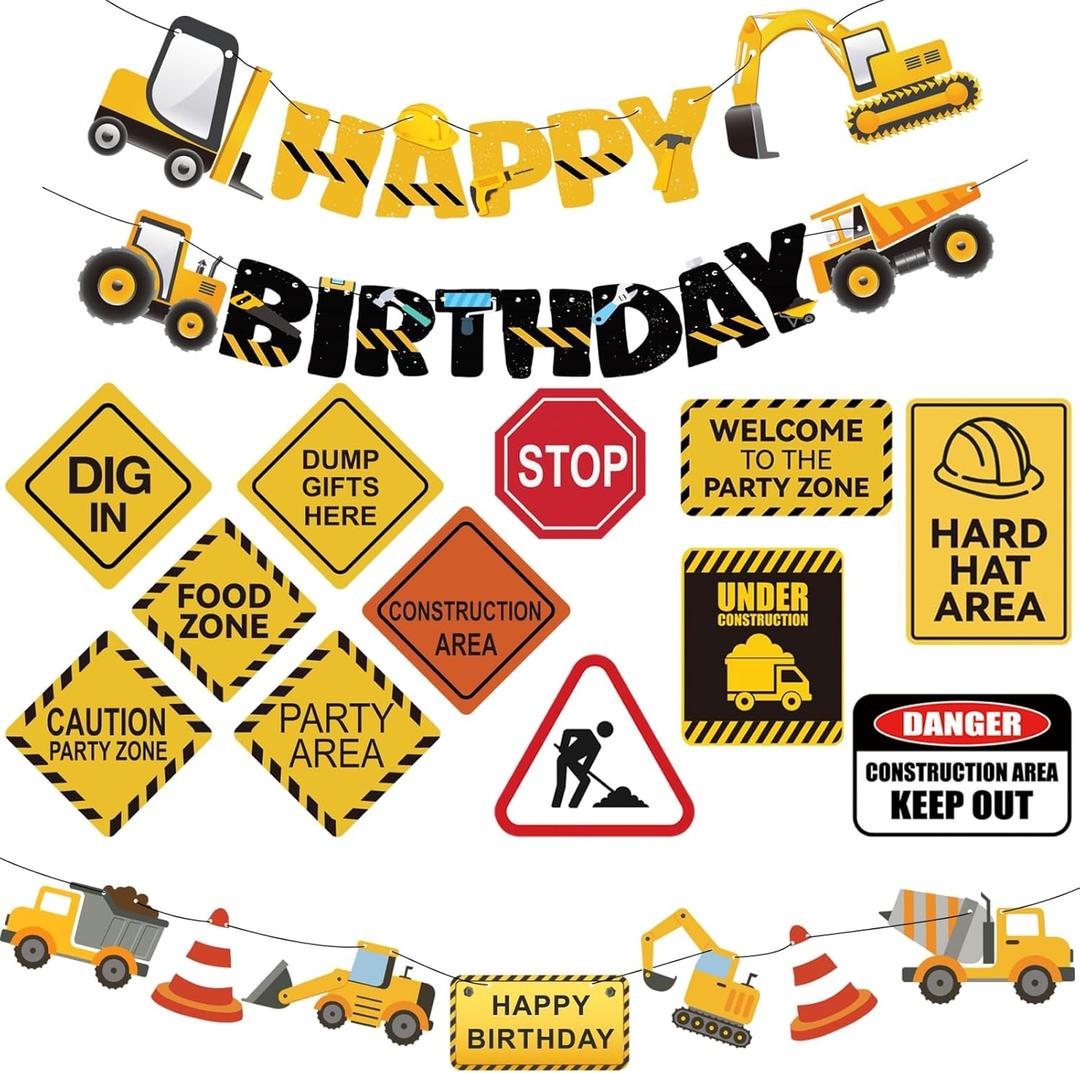 14 Packs Construction Happy Birthday Banner Vehicle Truck Garlands and Truck Cutouts Traffic Road Signs Birthday Party Decorations for Kids Boy Baby Shower Decorations (Construction)