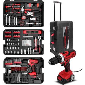 KINGTOOL Home Tool Set Kit - 286 PCS Home Auto Repair Tool Kit with Rolling Tool Box, Mechanic Tool Sets with 21V Max Cordless Power drill, Perfect for Homeowner, Diyer, Handyman