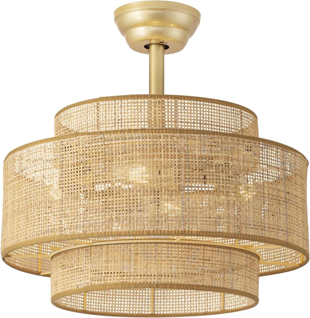 Boho Fandelier Ceiling Fan with Light Rattan Chandelier Fan Remote Gold Caged Ceiling Fan with Light for Bedroom, Living Room Nursery Foyer Kitchen6 Speed, Timing Adjustable Height, Medium