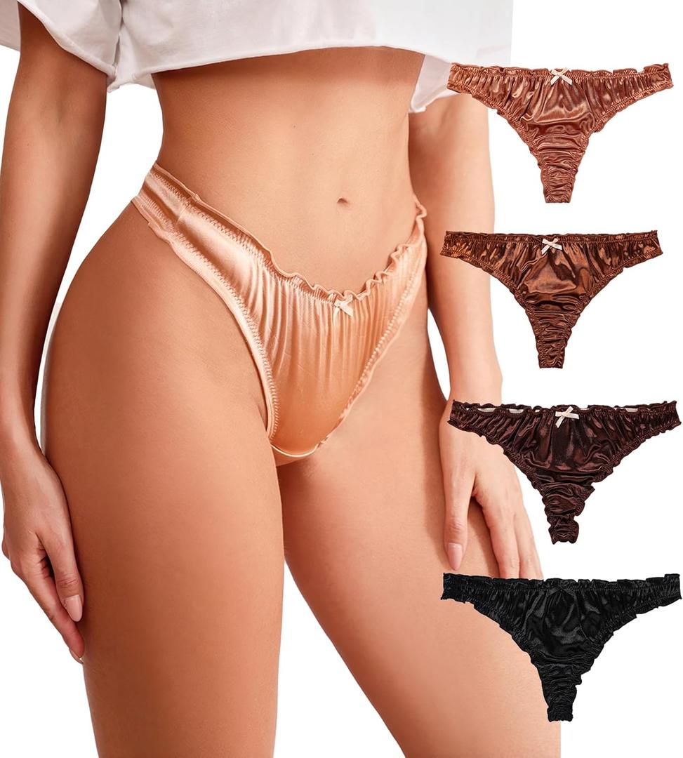 Women's Satin Thongs Silk Feeling Bikini Briefs Underwear Ruched G-String Thong Panties Smooth Panties 4 Pack (Small, Dark)