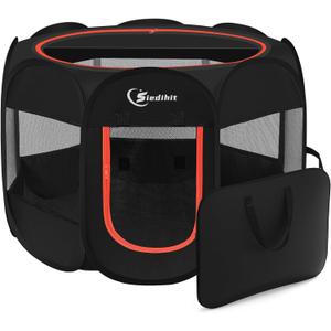 Dog Playpen, Puppy Pet Playpens Indoor for Medium Dogs Tent Crates Cage Indoor/Outdoor, Portable Pop Up Dog Kennel Playpen with Carrying Case for Dogs/Cats/Rabbits, Removable Zipper Top, Black, M