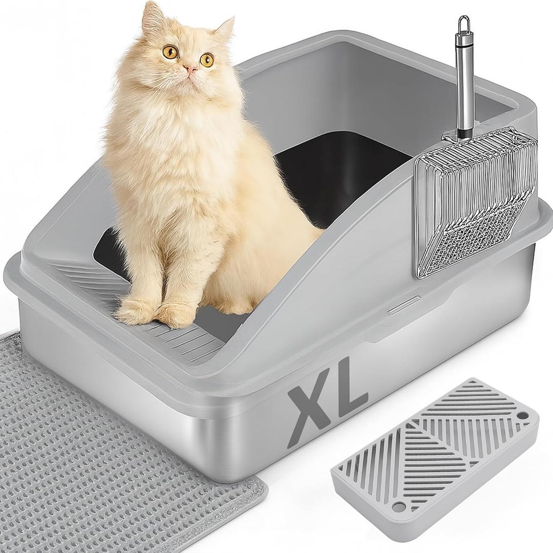Large Stainless Steel Cat Litter Box, Enclosed Litter Box for Multiple Cats, Spacious and Easy to Maintain, Sturdy Metal Construction with Upper Cover, Litter Pad, Shovel and Footboard (Silver Gray), 23.2"L x 15.7"W x 12.2"H