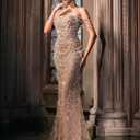 Women's Strapless Champagne Evening Gown Beaded Bodycon Maxi Dress for Prom Party Cocktail Wedding (Brown, XS)