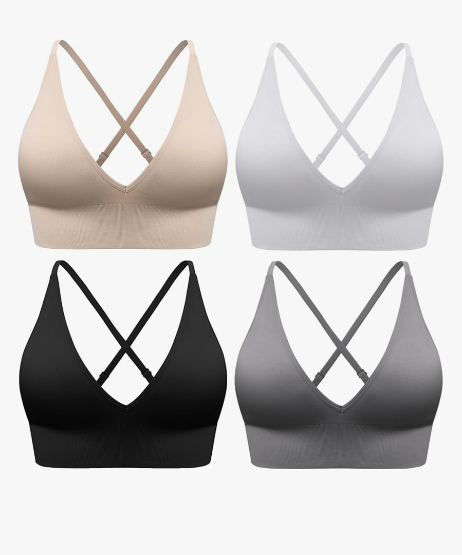 Evercute Women's Sports Bras Adjustable Deep V Neck Bras Wireless Spaghetti Strap Criss Cross Padded Low Support Sexy Bras Size Large