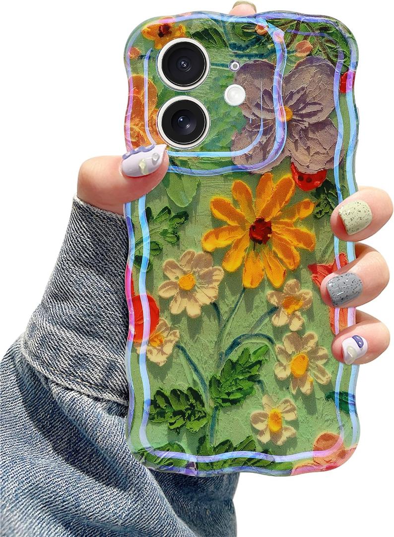 Jusy Compatible with iPhone 12, Colorful Retro Oil Painting Printed Flower Laser Glossy Pattern Cute Curly Wave Phone Case Soft TPU Cover for Girly Women - Green Yellow