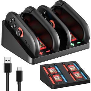 4-Bit Charging Dock for Nintendo Switch 2 Controller (2025 Release), Magnetic Design Switch 2 Charge Station with a Type-C Charging Cable, 4 Game Cards & 4 SD Cards Storage (Lying-flat 3)